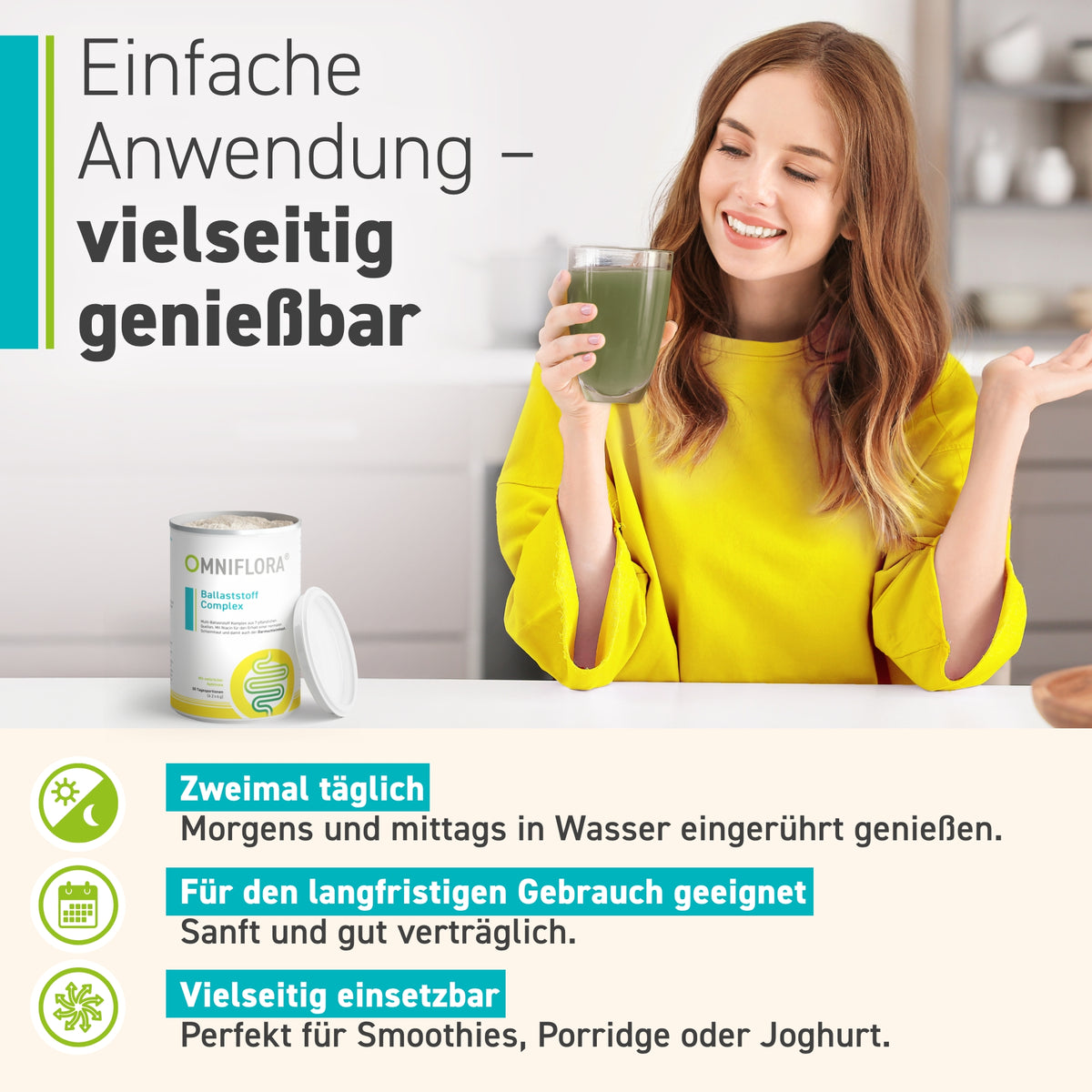 Eine lächelnde Frau in Gelb genießt einen grünen Smoothie mit Omniflora® Ballaststoff Complex aus dem Omniflora Shop in der Nähe - vegan, reich an Ballaststoffen und perfekt zur Förderung der Verdauung in Smoothies, Brei oder Joghurt.