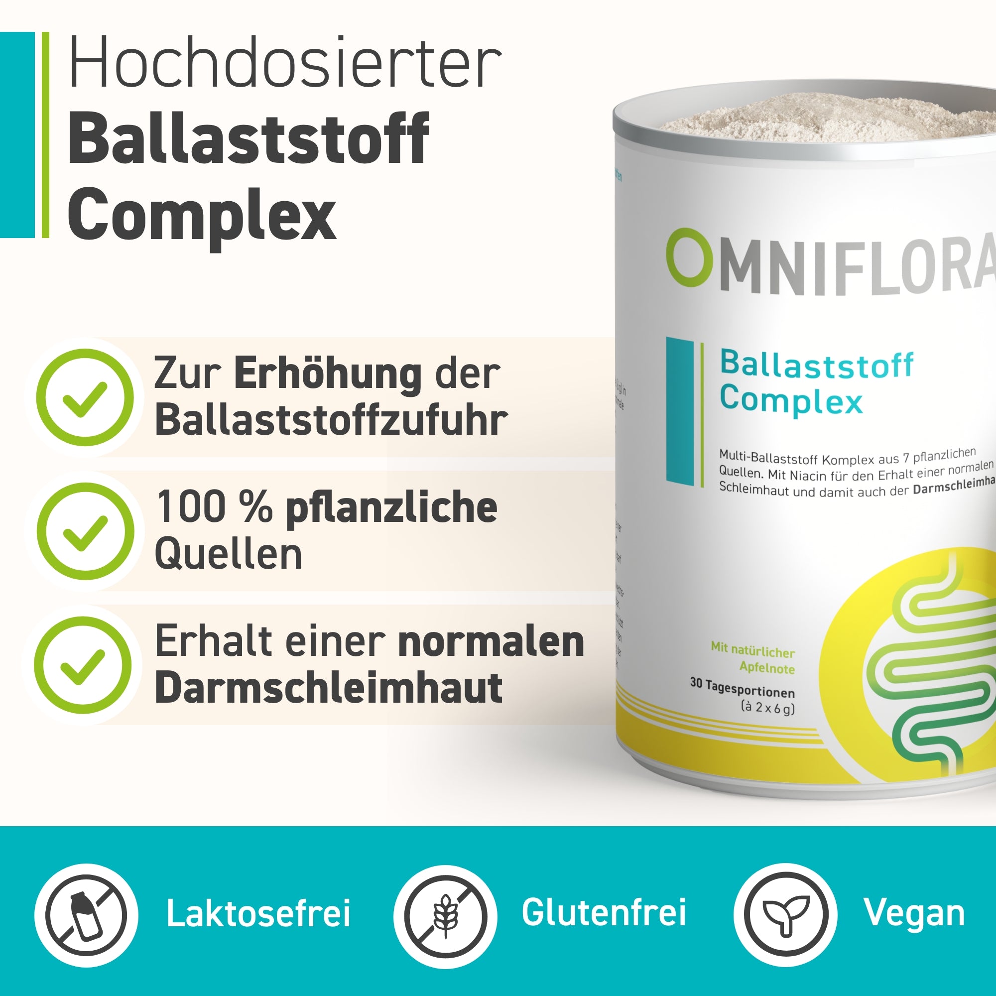 Abgebildet ist eine Dose Omniflora® Ballaststoff Complex aus dem Omniflora Shop, die einen hohen Ballaststoffgehalt, 100 % pflanzliche Inhaltsstoffe und die Unterstützung einer normalen Verdauung hervorhebt; die Symbole weisen darauf hin, dass sie laktosefrei, glutenfrei und vegan ist.