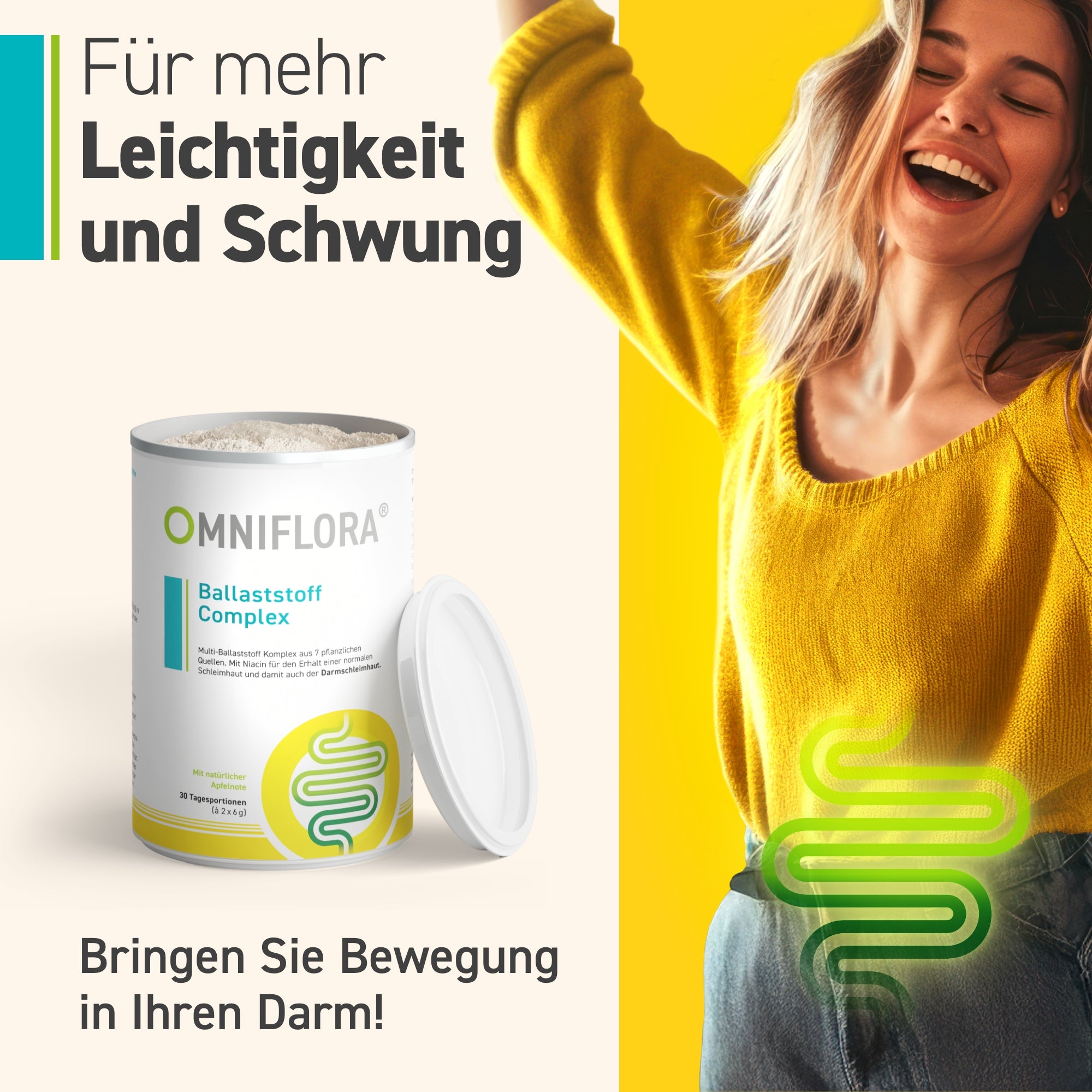Eine fröhliche Frau in Gelb hebt ihren Arm neben Omniflora® Ballaststoff Complex. Der deutsche Text lautet: "Für mehr Leichtigkeit und Schwung. Unterstützen Sie Ihre Verdauung mit veganen Ballaststoffen!" Marke: Omniflora Shop.