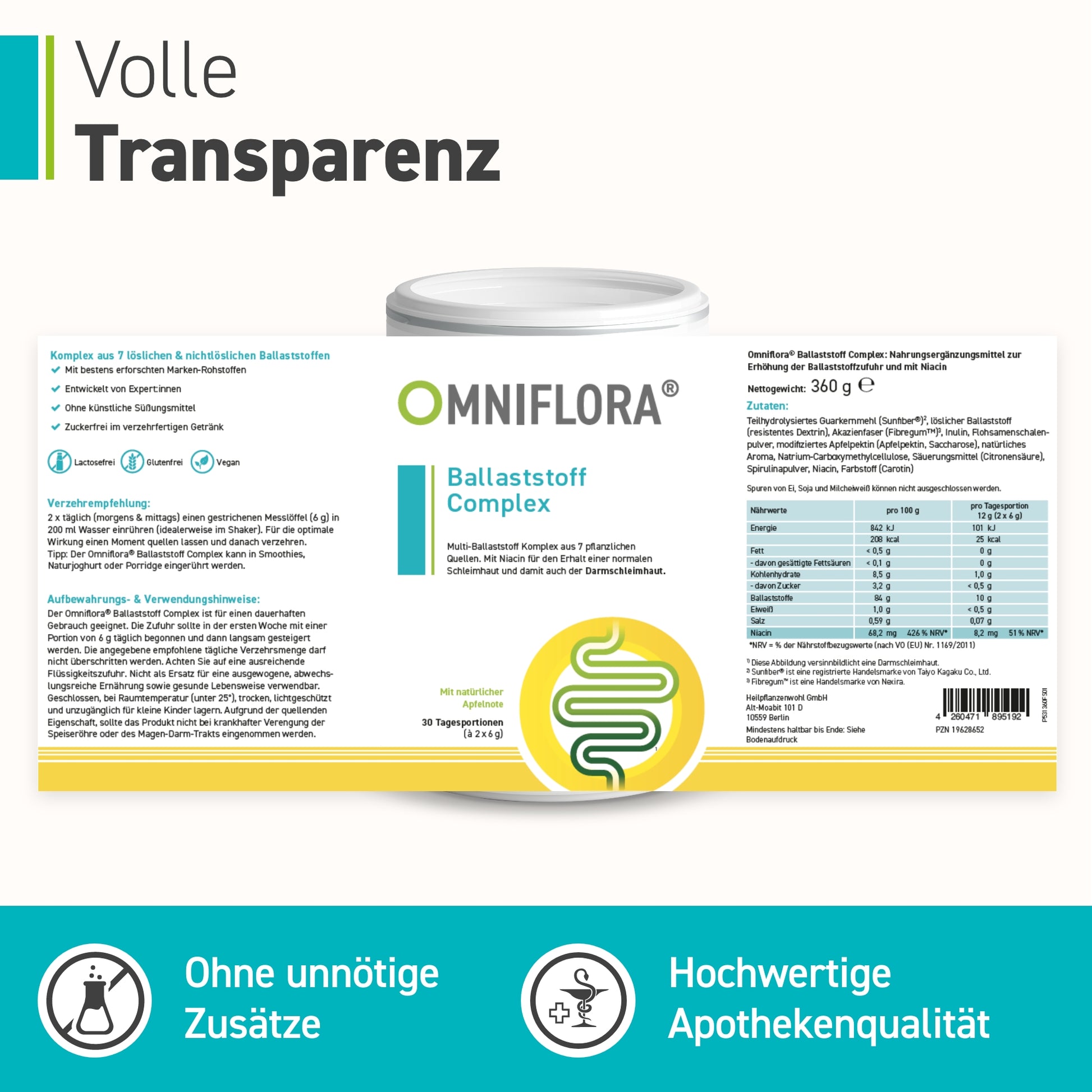 Ein Produktetikett für Omniflora® Ballaststoff Complex aus dem Omniflora Shop zeigt "Volle Transparenz", Symbole für Reinheit und Apothekenqualität sowie einen deutschen Text, der die Vorteile der Ballaststoffe für Verdauung und Darmschleimhaut beschreibt.
