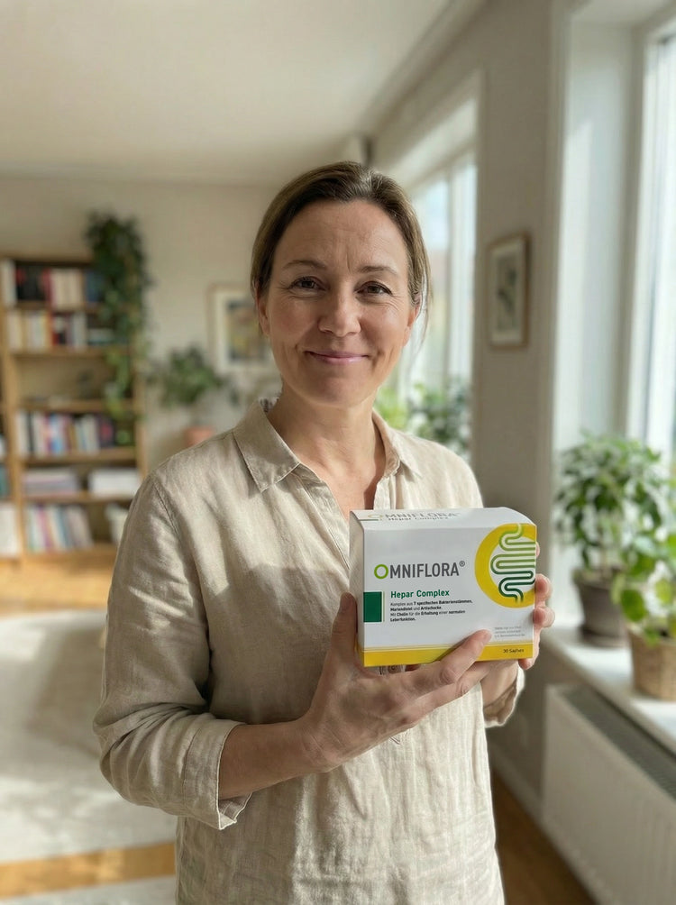 Eine Frau, die in einem Raum steht und lächelt, während sie eine Schachtel mit Omniflora Hepar Complex Probiotika in der Hand hält. Der Raum ist hell mit Pflanzen und Bücherregalen im Hintergrund.