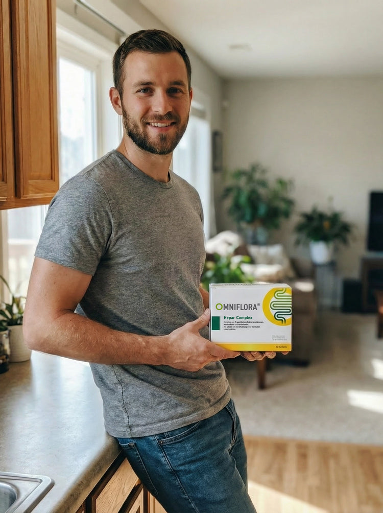 Ein lächelnder Mann in einem grauen T-Shirt steht in einer hellen Küche und hält eine Schachtel mit der Aufschrift Omniflora mit grünen und gelben Akzenten. Im Hintergrund sind Pflanzen und ein Wohnbereich zu sehen.