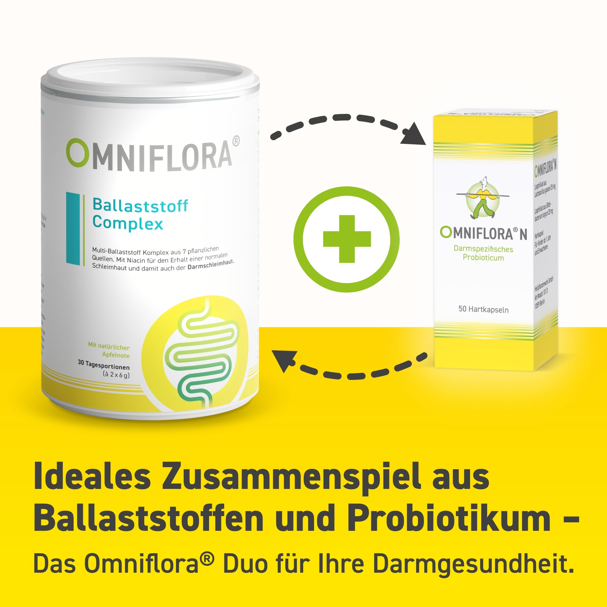 Abgebildet sind zwei Produkte aus dem Omniflora Shop: Omniflora® Ballaststoff Complex in einer weißen Dose (links) und Darmprobiotikum Probiotikum in einer gelb-grünen Box (rechts). Ein Pluszeichen verbindet sie; beide unterstützen die vegane Verdauung. Der deutsche Text steht unten.