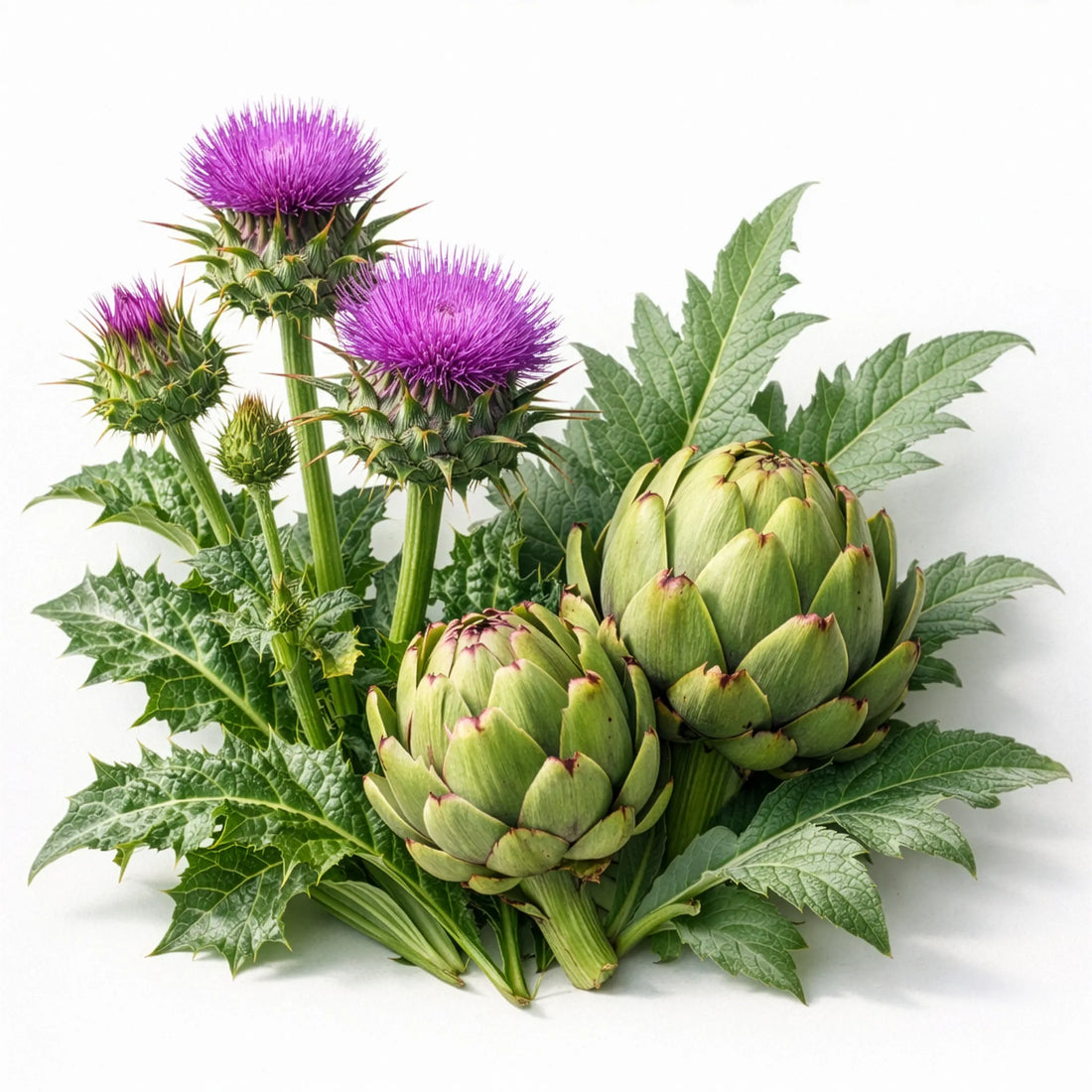 Artischocken mit grünen Blättern sind neben Mariendistelblüten mit stacheligen violetten Blüten angeordnet, alles vor einem weißen Hintergrund.