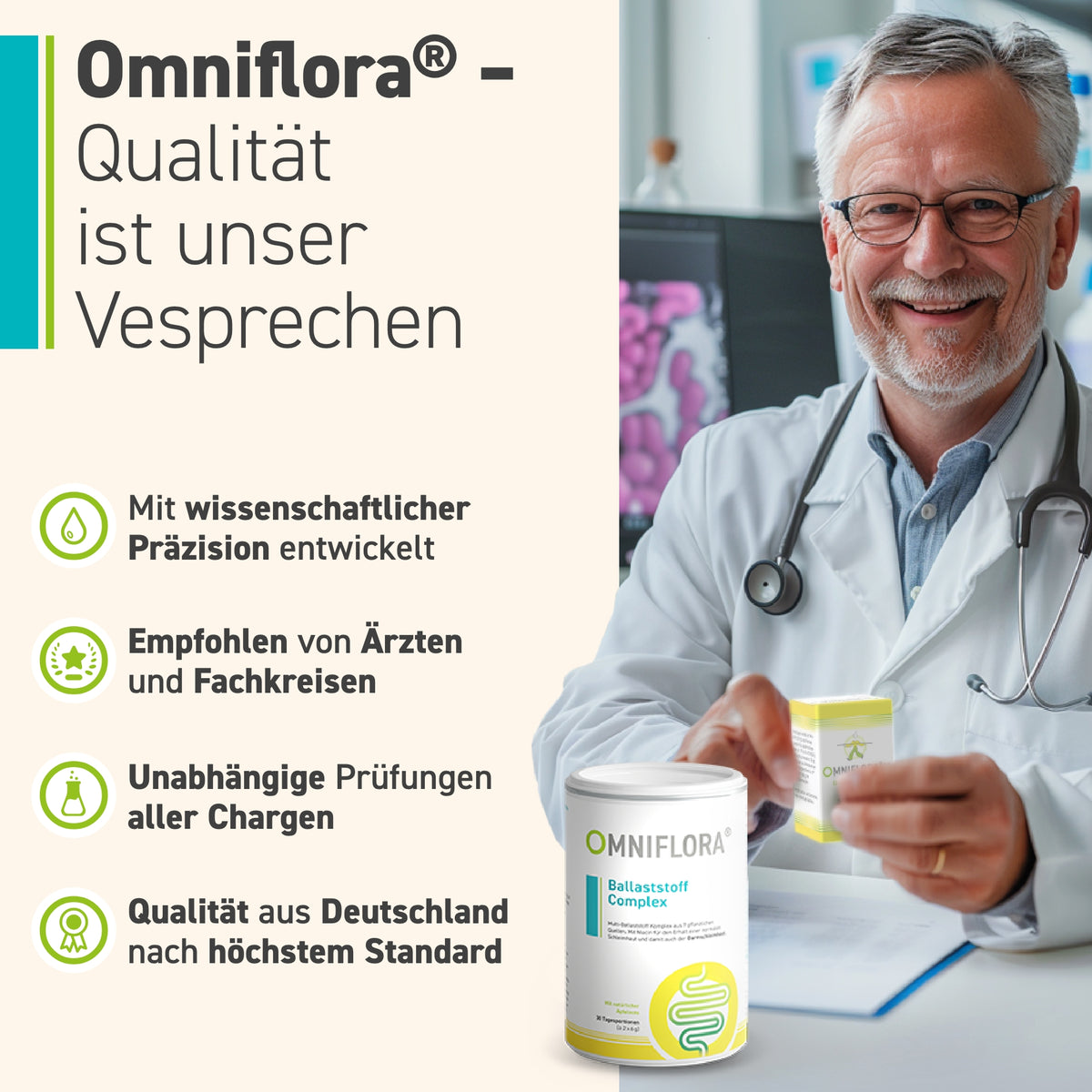 Ein lächelnder älterer Arzt in einem weißen Kittel sitzt an einem Schreibtisch und hält eine Tasse. Neben ihm steht Omniflora® Ballaststoff Complex aus dem Omniflora Shop - ein hochwertiger, veganer Ballaststoff für eine bessere Verdauung, der von Ärzten empfohlen wird.