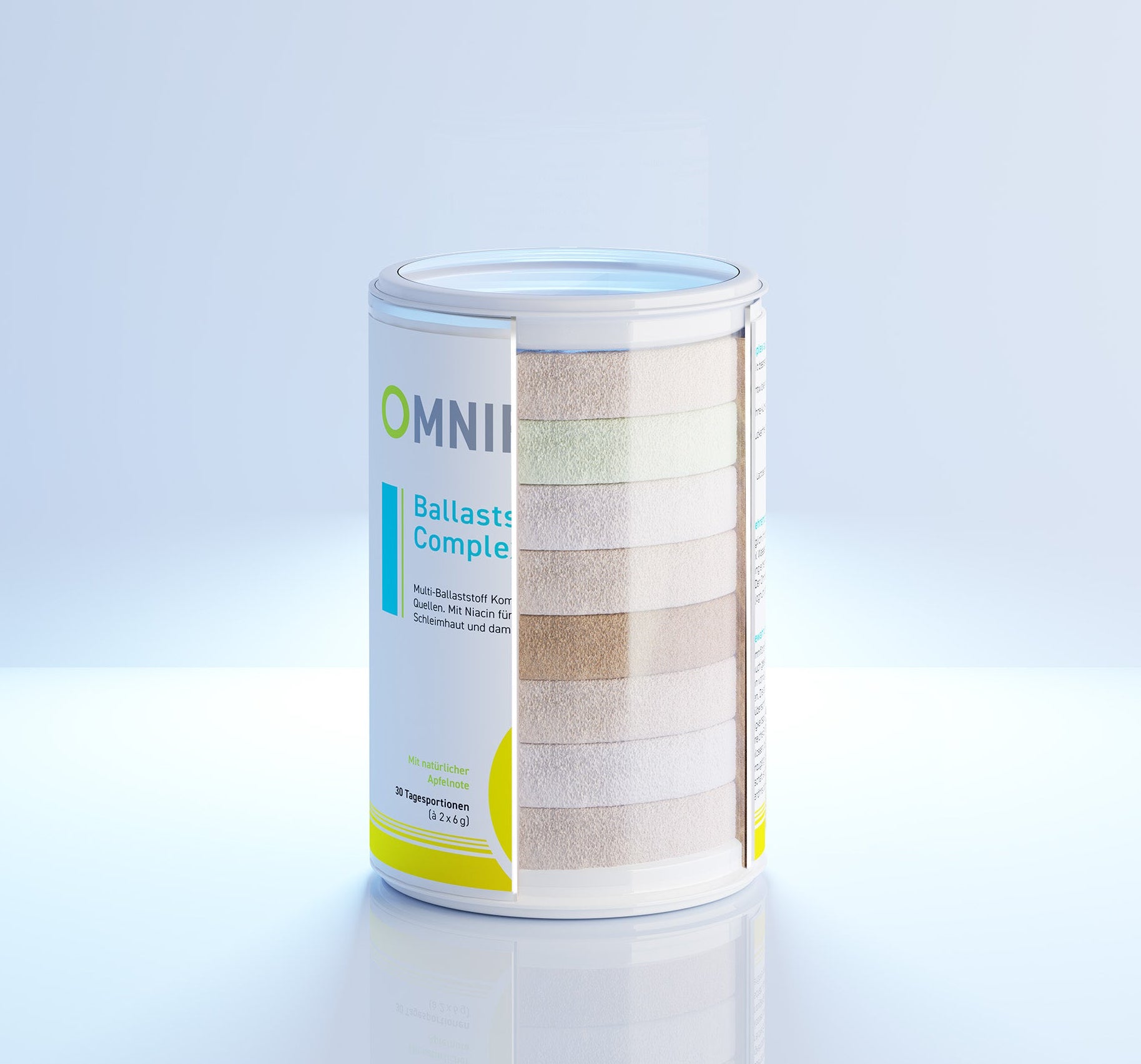 Querschnitt der Dose mit den sieben Ballaststoffquellen des Omniflora Ballaststoff Complex
